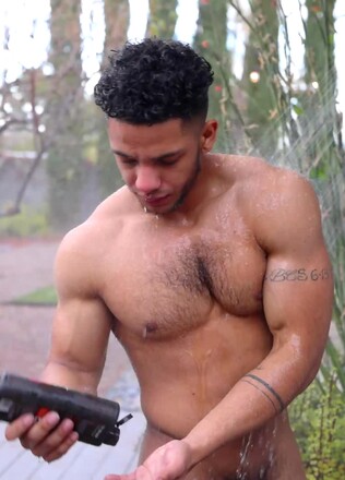 Cum-Covered Arturo Torres Rinses Off Under Grey Skies