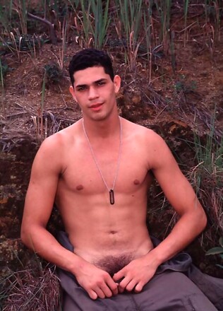 Latino army mechanic naked outdoors