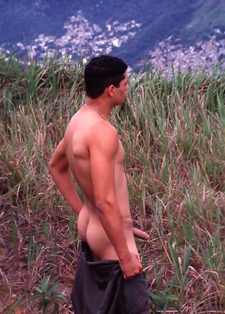 Latino army mechanic naked outdoors