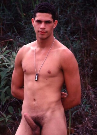Latino army mechanic naked outdoors