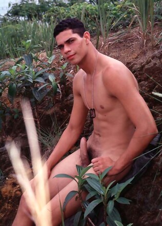 Latino army mechanic naked outdoors
